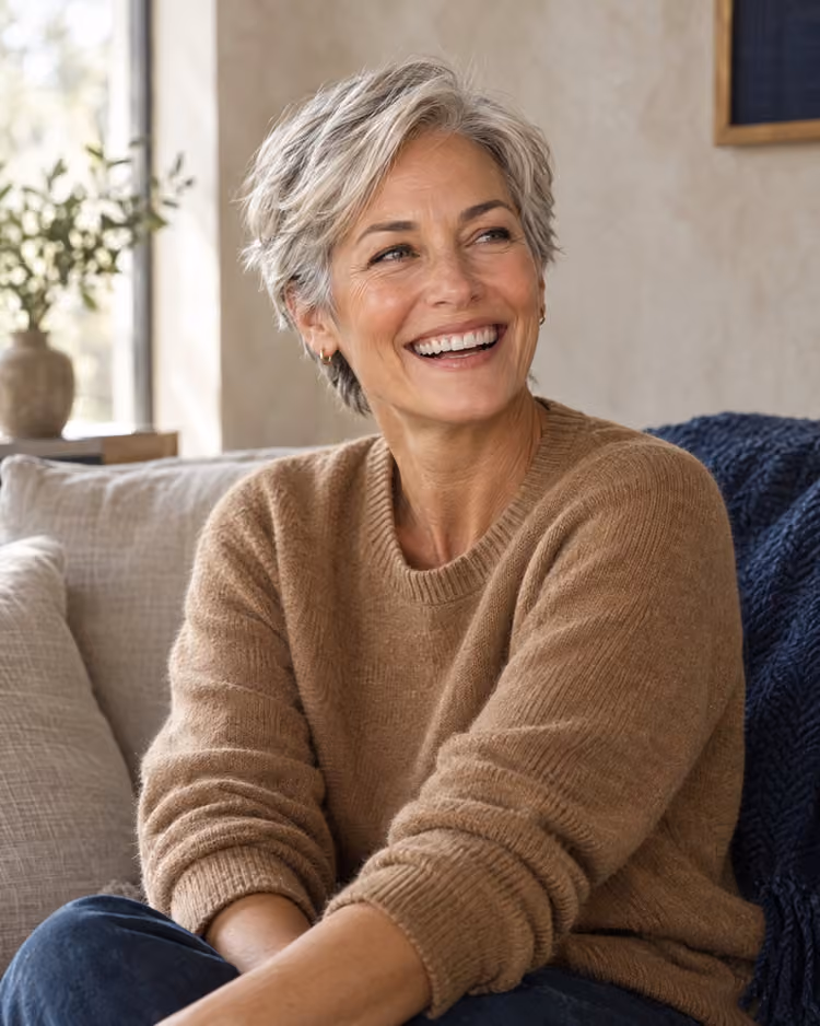 A woman with short silver hair laughing on a sofa at home